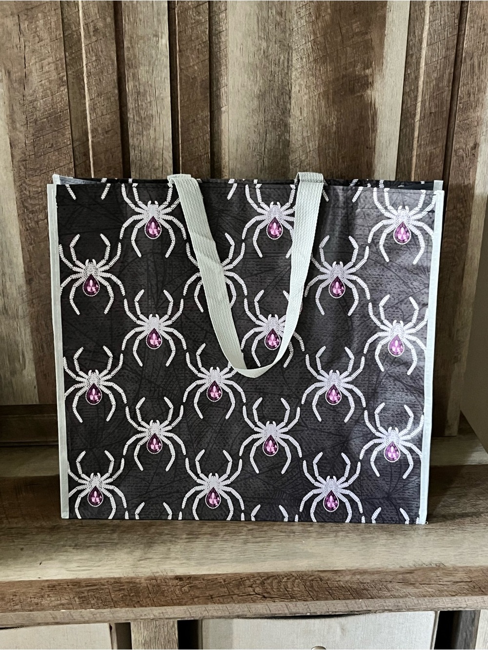 Reusable Shopping Tote Bag Black Pink Halloween Spiders